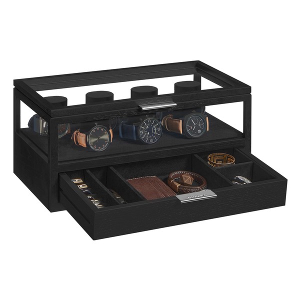SONGMICS 2-Tier Watch Case, Christmas Gifts, Watch Display Box, Watch Holder with 7 Pillars, Drawer, Acrylic and Solid Wood Top, Velvet Lining, Gift for Loved Ones, Classic Black UJOW007B01