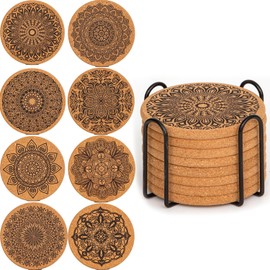 YUNYU 8Pcs Cork & Wood Coasters Set with Holder - Heat-Resistant Drink Coasters, Non-Slip Absorbent Coaster Set for Coffee Tables, Natural Brown Wooden Coasters Home Décor Accessories (A)