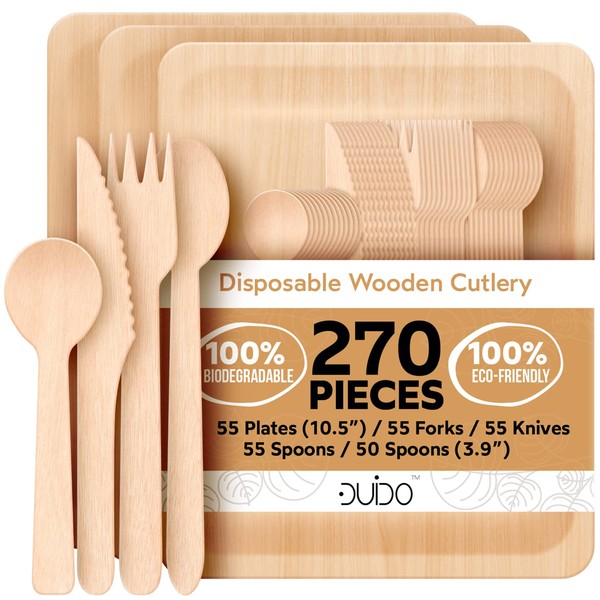 Disposable Biodegradable Plates and Wooden Cutlery - (Pack of 270) 55 10.5-inch Compostable Plates 55 Forks 55 Knives 55 Spoons 50 Small Spoons Eco-Friendly Disposable Silverware Compostable Flatware