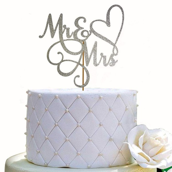 Mr and Mrs Cake Topper, Bride and Groom Sign Wedding, Engagement Cake Toppers Decorations, Double-faced Silver Glitter