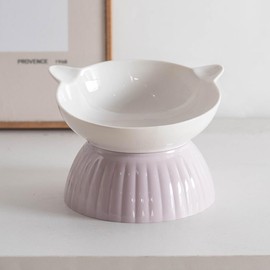 Raised Ceramic Cat Bowl with Magic Sticker Design, Anti-Spill, Elevated Pet Food and Water Dish for Neck Protection and Easy Installation for Small Dog, Fat Faced Cat, Kitten, Pet Cats (Light Pink)