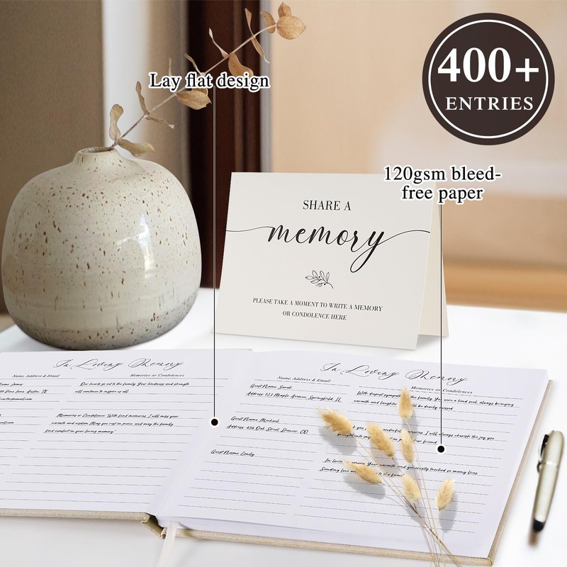 Lanpn Funeral Guest Book for Celebration of Life, Linen Memorial