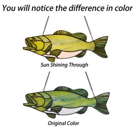 Bieye W10067 Largemouth Bass Fish Tiffany Style Stained Glass Suncatcher Window Panel with Chain, 16" W x 6" H