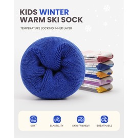 OutdoorMaster Kids Ski Socks, Over the Calf Design, Warm Thermal Snowboard Skating Socks for Boys & Girls(A -Blue Yellow+Grey Blue, M, 2 Pairs)