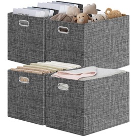 Posprica 15.12"x12.13"x12.01" Storage Cube Bins, Linen Decorative Closet Storage Organizer for IKEA Kallax, 4 Pack Fabric Foldable Large Storage Baskets for Closet, Shelves, Clothes, Toy (Black)