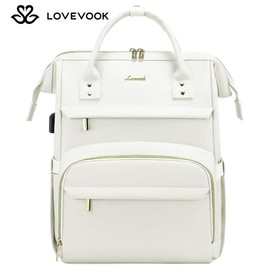 LOVEVOOK Christmas Vegan Leather Laptop Backpack with USB Port for Women - College, Business, Work, Teacher, Travel, School Backpack - color: Beige white, size: 17.3" - 17.5"L x 12.5"H x 8"W