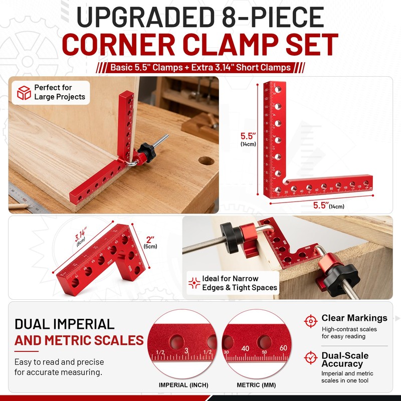 8Pcs Right Angle Clamps, 5.5" & 3.14" Precise Woodworking Corner