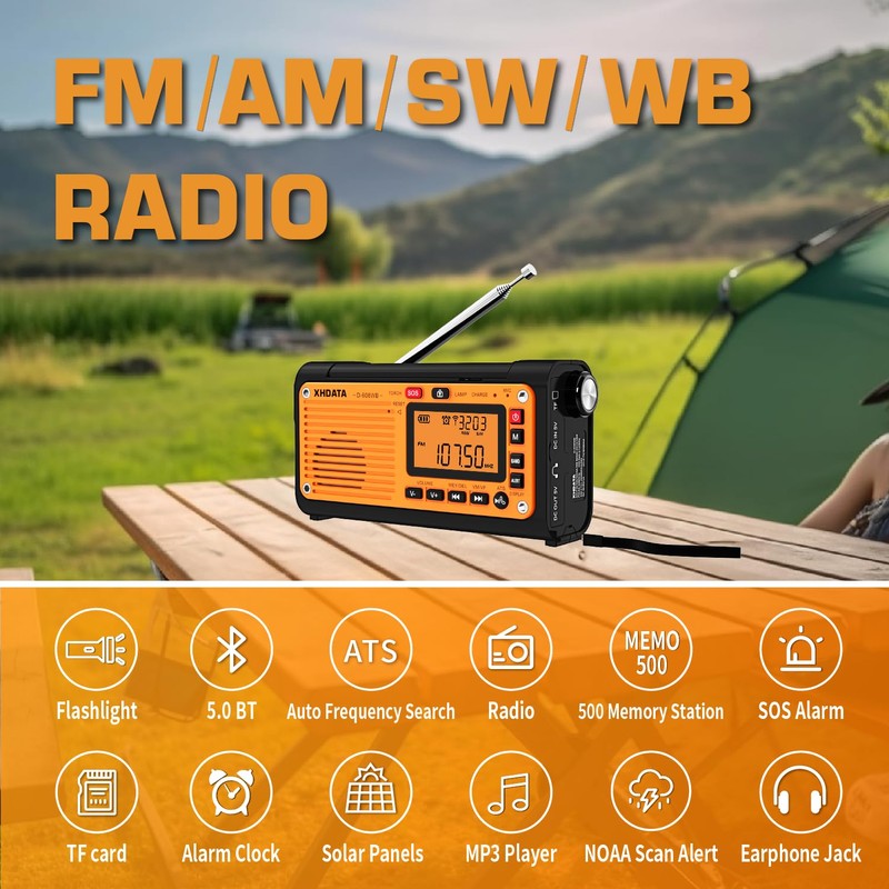 XHDATA D-608WB Portable Emergency Crank FM AM(MW) SW Radio with