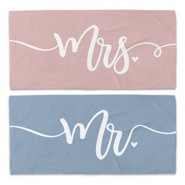 WAITPI Mr and Mrs Beach Towel Set of 2, Honeymoon Wedding Beach Towels Gifts for Newlywed Couple Bride Groom Valentines, Pink and Blue Towels Oversized Decor for Bathroom 30x60 in