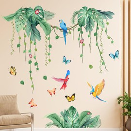 APOMOONS Wall Tattoo Tropical Wall Sticker Leaves Wall Decoration Jungle Plants Hanging Vine Green Palm Trees Leaves Birds Children's Room Living Room Bedroom Hallway Kitchen