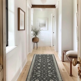 EVERGRACE Hallyway Area Runner Rugs 2x6, Boho Floral Faux Wool Indoor Outdoor Rugs, Washable Rugs for Bedroom Bathroom Living Room Kitchen, Low Pile Floor Mat Carpet for Home Decor, Ebony Black