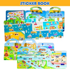 XXPLCOU Reusable Sticker Books for Kids, 3 Sets Sticker Books for Toddlers 1-3, Toddler Stickers Age 2-4, Lovely Waterproof Stickers for Teens Girls Boys - Three Different Vehicles