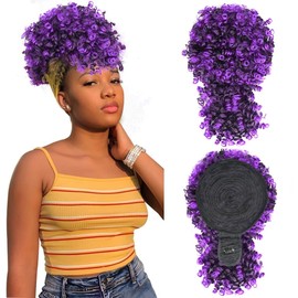 MODSIGHT Afro Puff Drawstring Ponytail with Bangs, Black to Purple Kinky Curly Ponytail Bun with Bangs Updo Hairpieces, Short Afro Puffs with Bang for Black Women