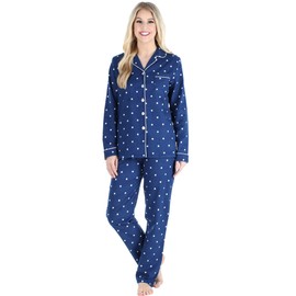PajamaMania Women's Cotton Flannel Long Sleeve Button-Down Pajamas PJ Set, Navy Polka Dot, Small
