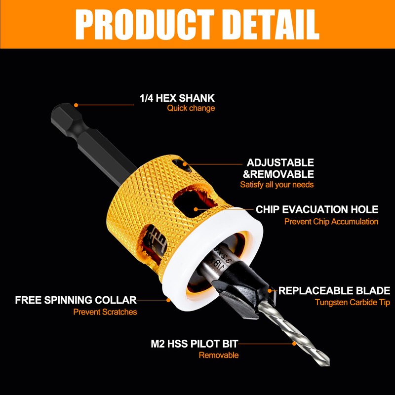 BURTOK Adjustable Depth 1/8" x3/8" Countersink Drill Bit, Low Friction