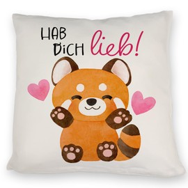 Red Panda Cushion with Saying Hab Dich lieb Kawaii Cat Bear Design Ideal for Love Friendship Idea for Girlfriend for Valentine's Day