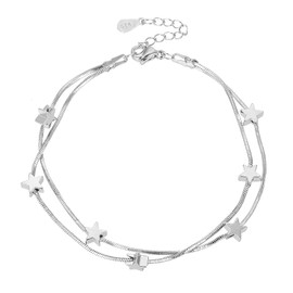 Stars Charm Bracelet, Silver Jewelry Stars Double Chain Layered Bracelet Adjustable Friendship Link Bracelet Minimal Bracelet Dainty Chain Simple Jewelry Gifts for Women Teens