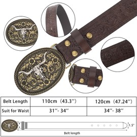 Eohak Mens Western Cowboy Belt Vintage Embossed Leather Belt With Longhorn Cow Pattern Buckle Fit 25" to 38" Waist
