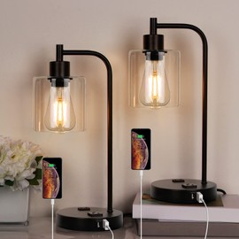 Qimh Industrial Touch Control Table Lamp with 2 USB Ports and 2 AC Outlets, 3-Way Dimmable Bedside Nightstand Reading Lamps with Warm White LED Bulb, Glass Desk Lamp for Bedroom, Office