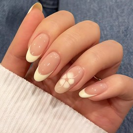 24pcs White French Tip Press on Nails Short Almond Fake Nails with Designs White Flower False Nails Summer Floral Stick on Nails Full Cover Acrylic Nails Glue on Nails for Women