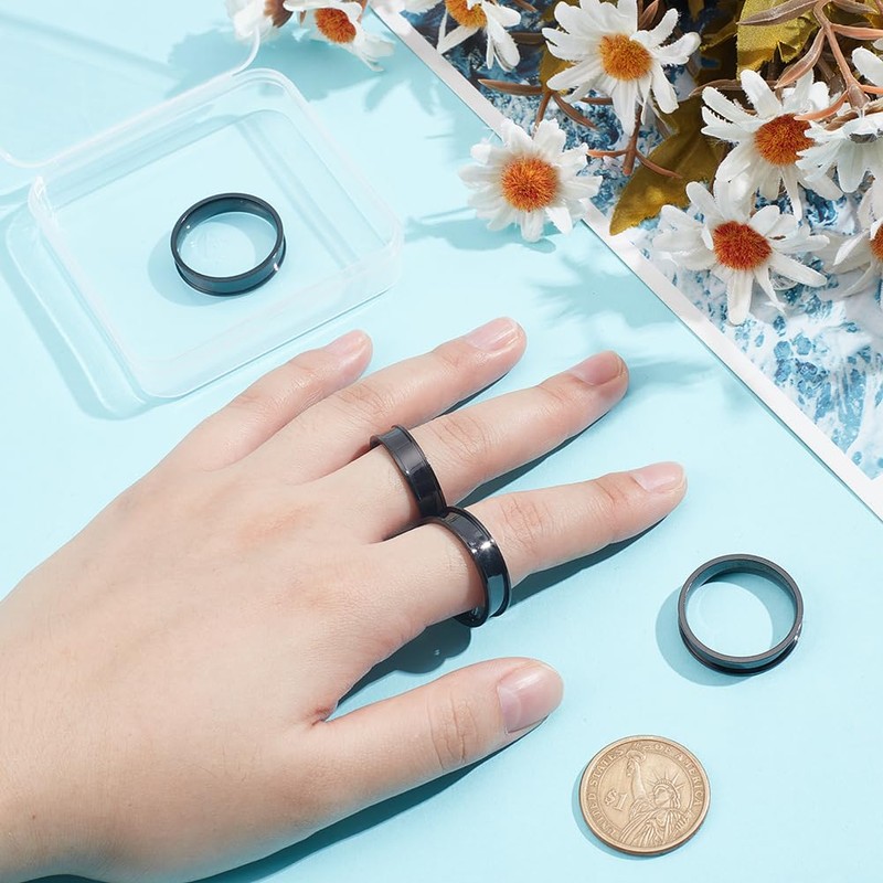 HOBBIESAY 4Pcs Black Ring Blanks 20-23mm Stainless Steel Grooved Rings
