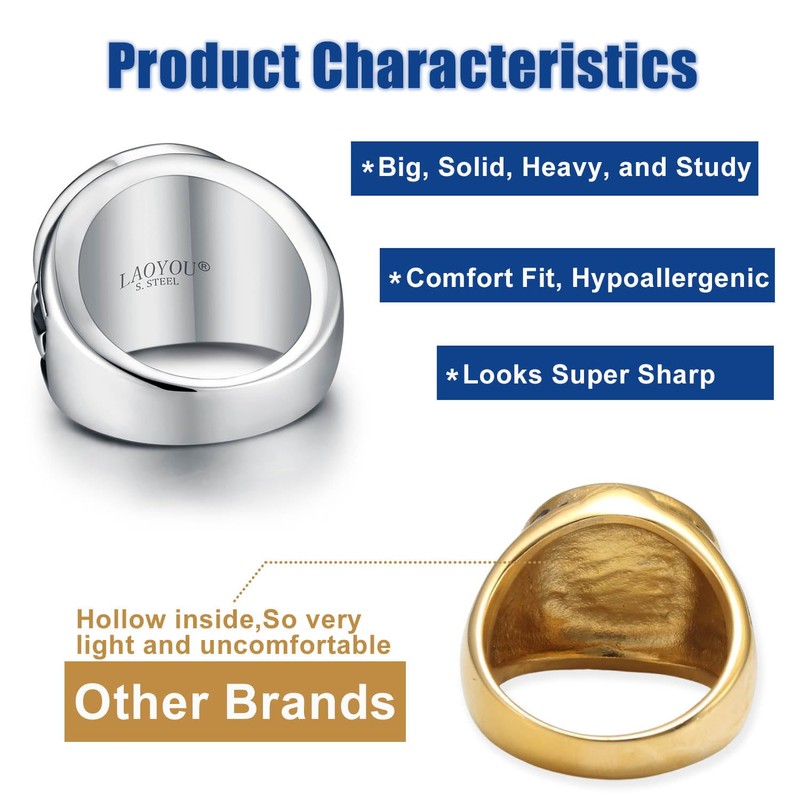 LAOYOU 2Pcs Men's St Benedict Ring Silver Black Stainless Steel