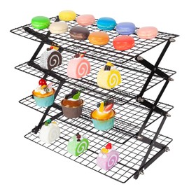 PowerKing Upgraded Collapsible 4-Tier Cooling Rack, Adjustable Stackable Non-Stick Wire Rack for Baking, Roasting, Drying, Cookies, Cakes, Muffins, Space-Saving, Gifts for Baking Enthusiasts