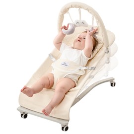 CuddoBaby Baby Bouncer with Lockable Wheels, Soft Head Cushion, Hanging Dolls for Hand-Eye Coordination, 100% Cotton Seat, 3-Level Recline, Foldable for Newborn to Toddler, 0-12 Months – Beige
