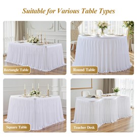 9FT Long White Table Skirt for Rectangle Tables Wrinkle Resistant Polyester Pleated Ruffle Table Skirt for Wedding Banquet Baby Shower Birthday Party Decoration Desk Skirt for Teacher Desk