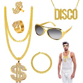 yisight Pack of 6 Costume, Hip Hop Costume Kit, 80/90s Rapper Accessories, Hip Hop Dollar Ring, Golden Bracelet, Dollar Necklace, Sunglasses for Carnival, Fancy Dress, Theme Party
