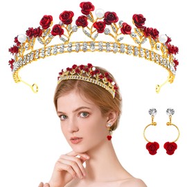 Aswewamt Red Rose Tiaras Bridal Wedding Queen Crowns Gold Flower Baroque Princess Crown Pearls Crystal Gold Headbands Earrings Rose Pendant Flower Jewelry for Women Girls