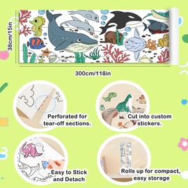 15"x118" Giant Sticky Coloring Paper Roll for Kids - DIY Children's Drawing Roll for Tablecloth & Wall Decor, Animal Themed Giant Sticky Coloring Paper Roll for Kids, Childrens Drawing Rolls