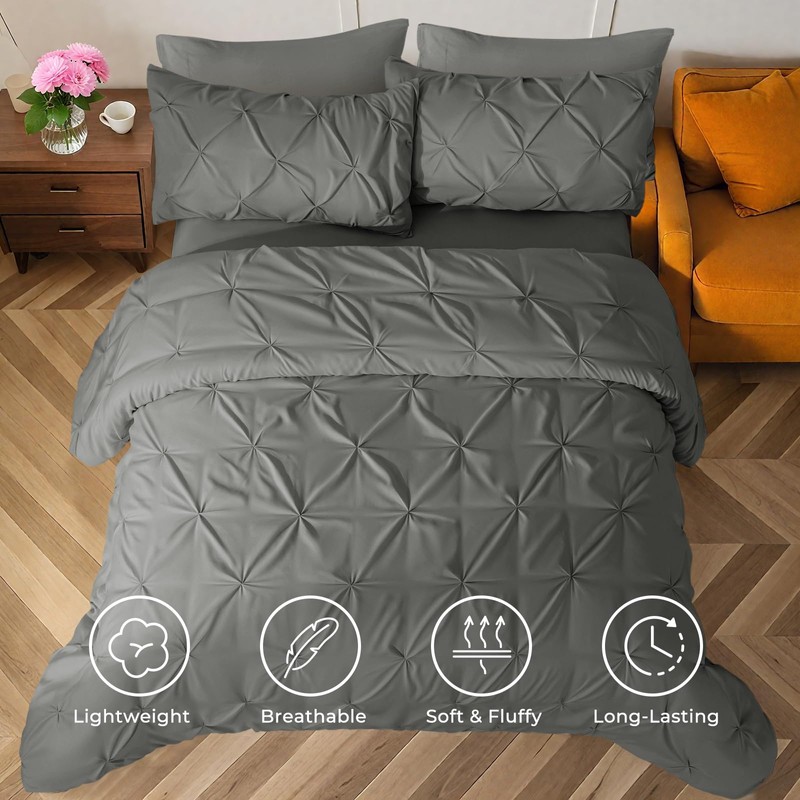 Sasttie Queen Comforter Set, 7-Piece Bed in a Bag, Pintuck