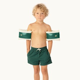 Petites-Pommes Striped Water Wings Ages 2-6 - Handprinted Classic Inflatable Arm Floaties - Durable, BPA-Free Swimmies with Soft Seams, Safe Valves & Storage Bag - Dark Green