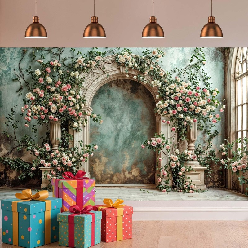Arch Wall Flowers Backdrop,Retro Medieval Building Pink Rose Photo Background,Realistic