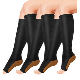 Copper Compression Socks 3 Pairs - Open-Toe Toeless Compression Socks for Women and Men(Black - 3 Pairs, L/XL)
