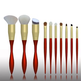 Professional Makeup Brush Set, 9 Piece Collection, Goat Hair and Synthetic Bristles, Brown Handle (red)