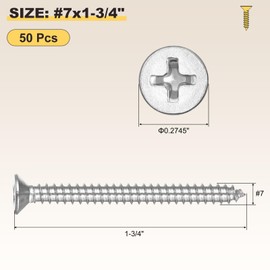 METALLIXITY Countersunk Phillips Wood Screw (#7x1-3/4) 50Pcs, 304 Stainless Steel Coarse Thread Phillips Drive Flat Head Wood Screws - for Furniture Installation Repair, Silver