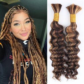 Odir Deep Wave Bulk Human Hair for Braiding No Weft 100% Unprocessed Highlight Ombre Micro Braiding Human Hair Extensions Curly Human Braiding Hair for Boho Braids 2 Bundles (18 Inch,P430,100g)