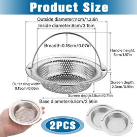 Pack of 2 Stainless Steel Drain Strainer with Handle, Stainless Steel Drain Strainer Kitchen Sink, Clogging Protection for Kitchen Sink, Easy to Clean (11 x 8 x 2 cm)