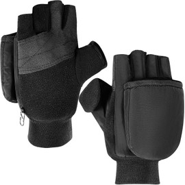 Jecery 2 Pairs Ice Fishing Gloves Convertible Mittens Flip Fingerless Mitt Winter Fishing Gloves Black Warm Gloves for Cold Weather Men Women Ice Fishing Photography or Hunting