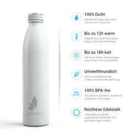 tea'dicted Premium Thermos Flask, 1 Litre, Leak-Proof Stainless Steel Thermos Flask, BPA-Free, Designer Insulated Jug, 12 Hours Hot & 18 Hours Cold, Ideal for Sports, School, Children, Outdoor etc. (Alaska White)