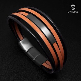 UNIQAL Mocha Men's Leather Bracelet Brown Stainless Steel Genuine Leather Case Box, Stainless Steel