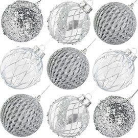 Mupera 9pcs 2.8" Christmas Ball Ornaments - Glitter Sequin Christmas Ball, Silver Shatterproof Christmas Tree Decorations Xmas Hanging Balls Set for Wedding Party Holiday Decorations(70mm)