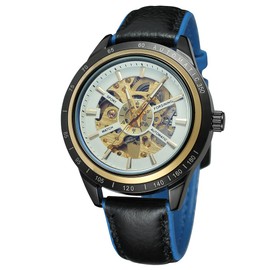 FORSINING Male Automatic Mechanical Watch Leather Strap Round Wristwatch(White   Blue)