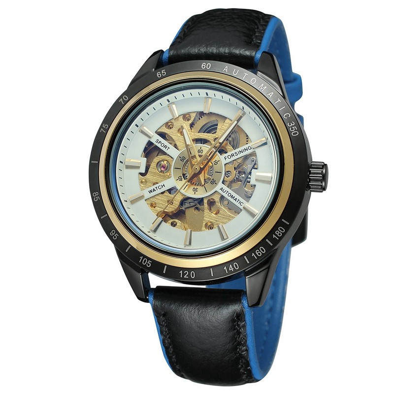 FORSINING Male Automatic Mechanical Watch Leather Strap Round Wristwatch(White Blue)