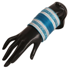 NEW! Touchstone Indian Bollywood Handcrafted Laser Cut Grain Work Charming Look Turquoise Color Silver Sparkles Designer Jewelry Bangle Bracelets Set Of 24 In Silver Tone For Women.