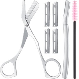 Lanties 2 Pcs Stainless Steel Eyebrow Trimmer Set 1 Eyebrow Trimming Scissors with Combs 1 Face Dermaplaning Tool with 3 Blades for Women and Men and Precision Cover Hair Eyebrow Razor Removal Tool