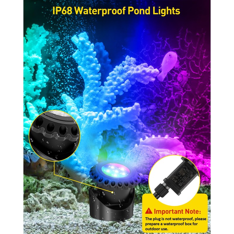 T-SUN Colored Pond Lights, Bright LED Underwater Pond Light Submersible