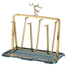 uxcell Cup Drying Rack with Drain Tray, 235x245mm Bottle Drying Rack, 6 Cups Mug Glass Bottle Organizer with Silicone Protective Hooks for Home Counter, Office, Kitchen (Gold)